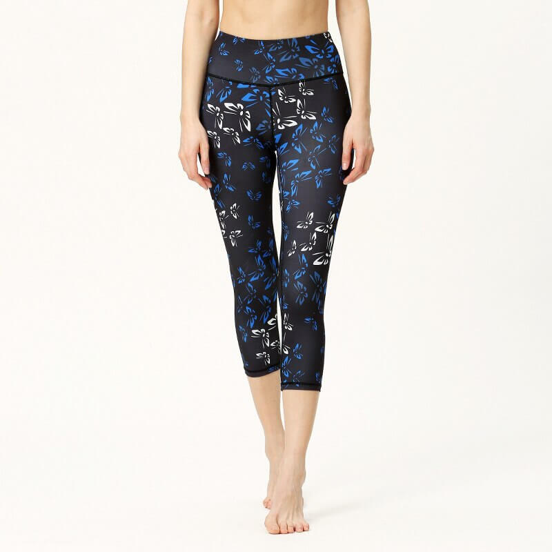 Women's floral sports leggings, high waist capri for girls, perfect for yoga or running, crafted with breathable nylon and spandex fabric.